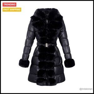 Faux Leather Puffer Coat Long Fur Trim Hooded Elegant Winter Bubble Overcoat